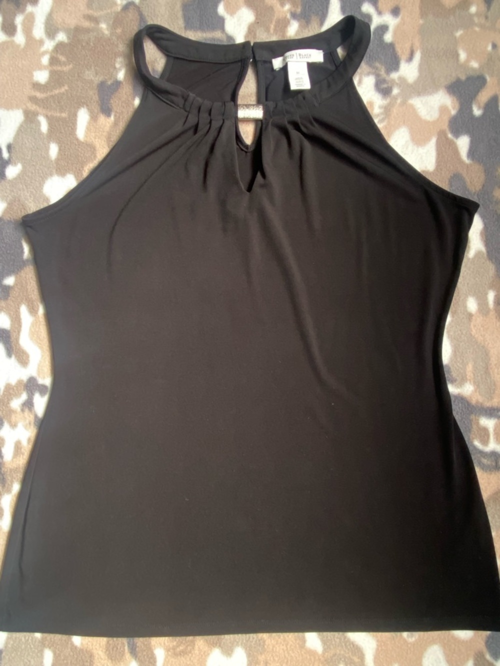WHBM Black Sleeveless Halter Blouse Keyhole Neck Metal Detail Size Medium.